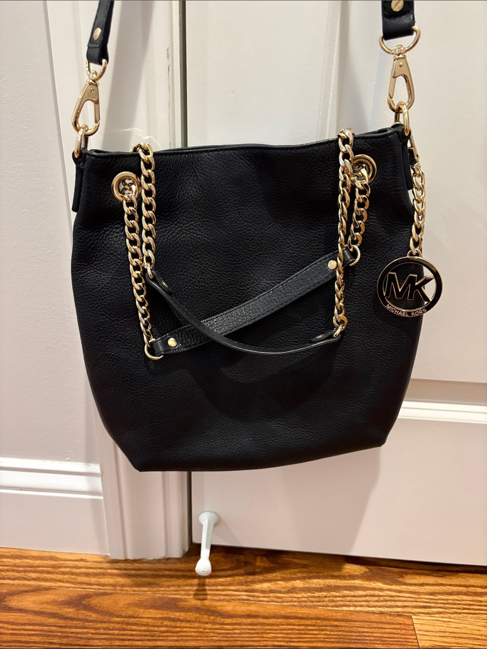 Michael Kors Black Pebbled Leather Bucket Shoulder Bag with Gold Hardware